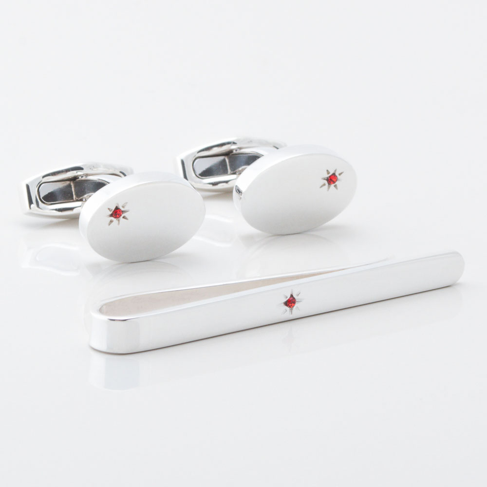 Sterling Silver Ruby Tie Bar & Cufflink Set