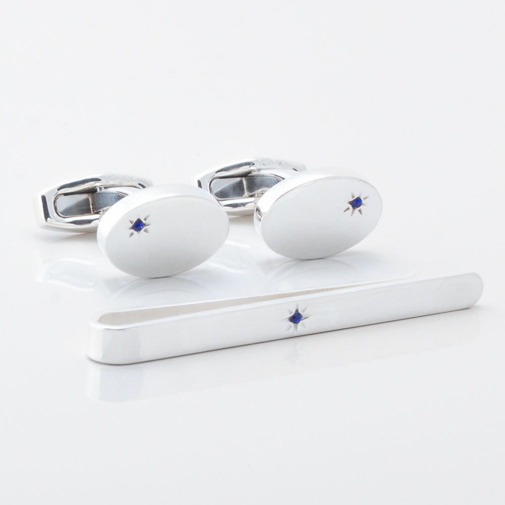 STERLING SILVER SAPPHIRE TIE BAR & CUFFLINKS SET