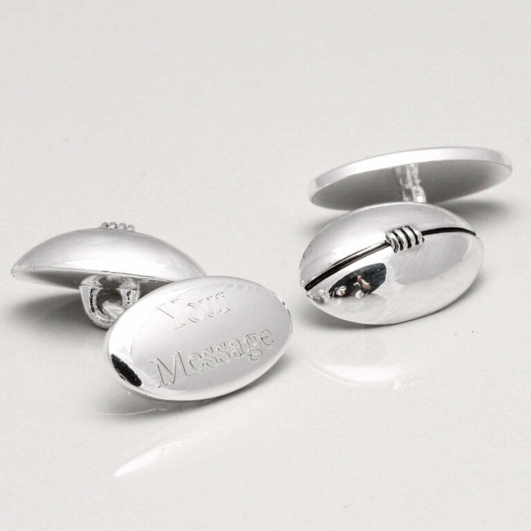 Sterling Silver Plated Engraved Rugby Ball Cufflinks