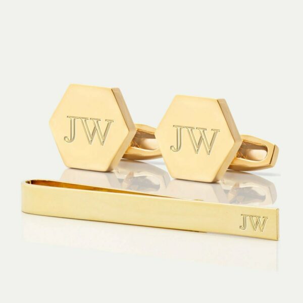 Initial Engraved Gold Plated Tie Slide & Cufflinks Set