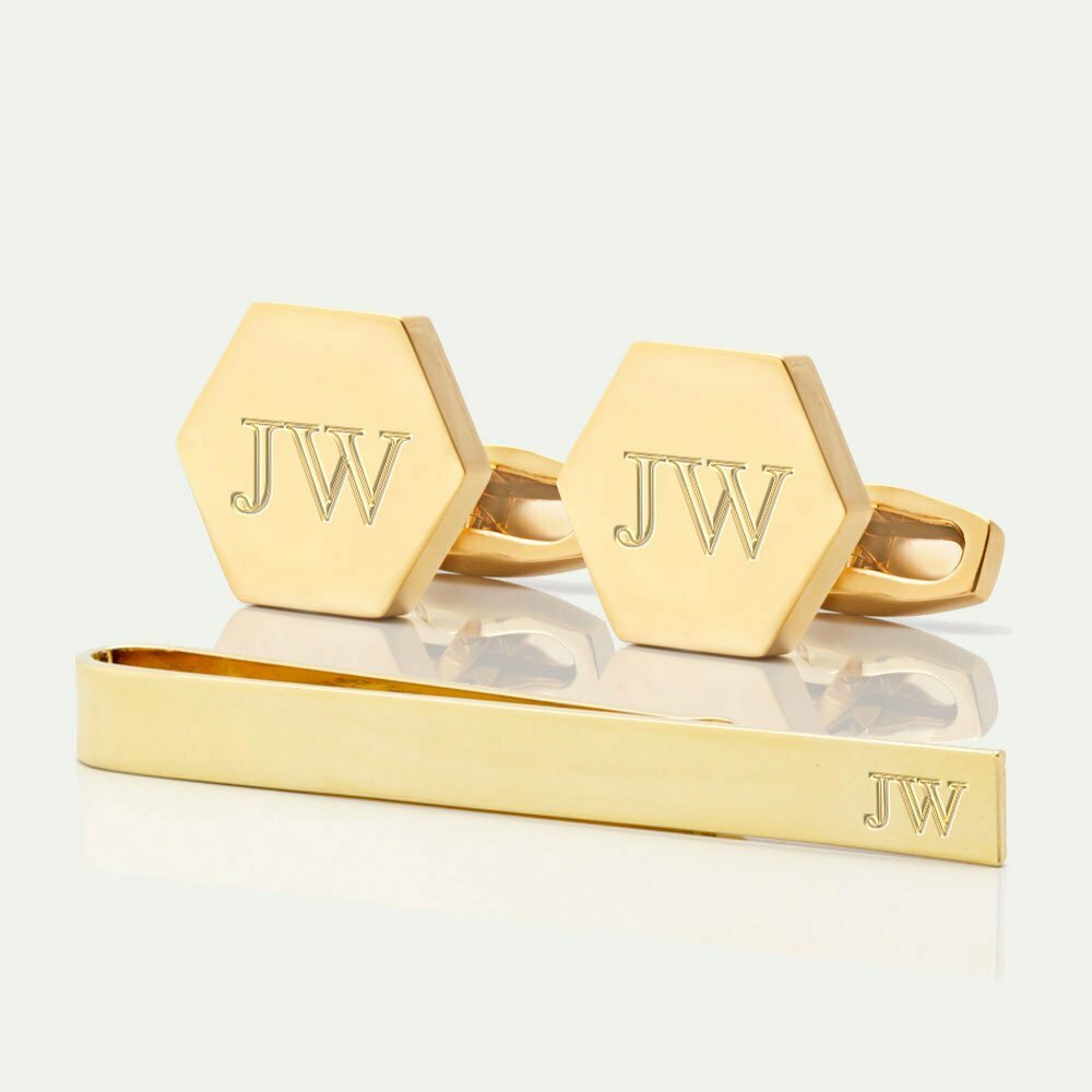 TIE BAR SETS3 hexagon gold initials