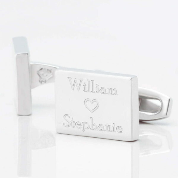 Engraved Wedding Rectangle Cufflink With Heart, Plated