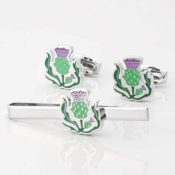 Enamel Scottish Thistle Cufflinks & Tie Slide Set