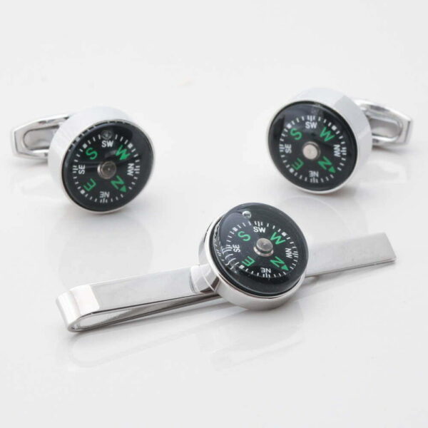Real Working Compass Cufflink & Tie Slide Set