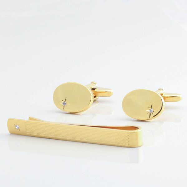 Gold Plated Diamond Cufflinks & Tie Slide Set