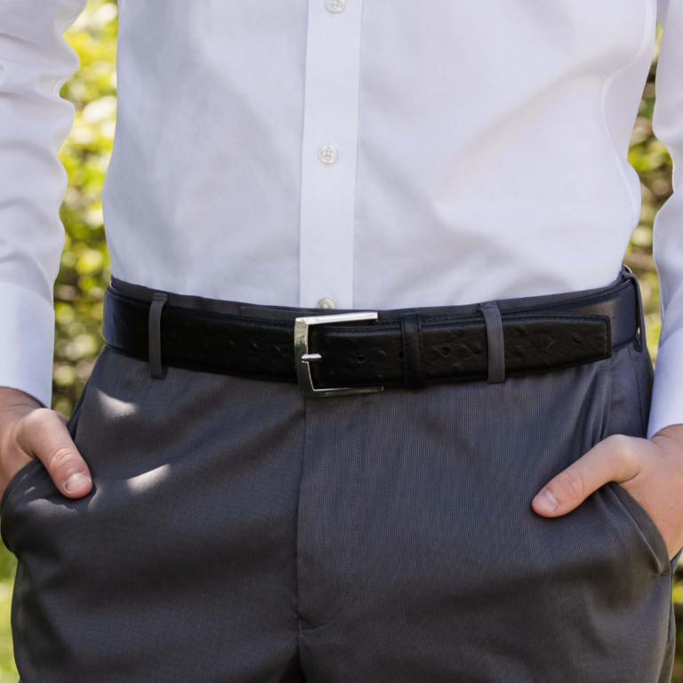 Ostrich-Style Patterned Black Leather Belt Lifestyle