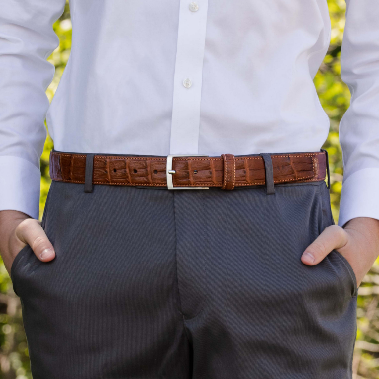 Luxury Cognac Italian Leather Crocodile Print Belt Lifestyle