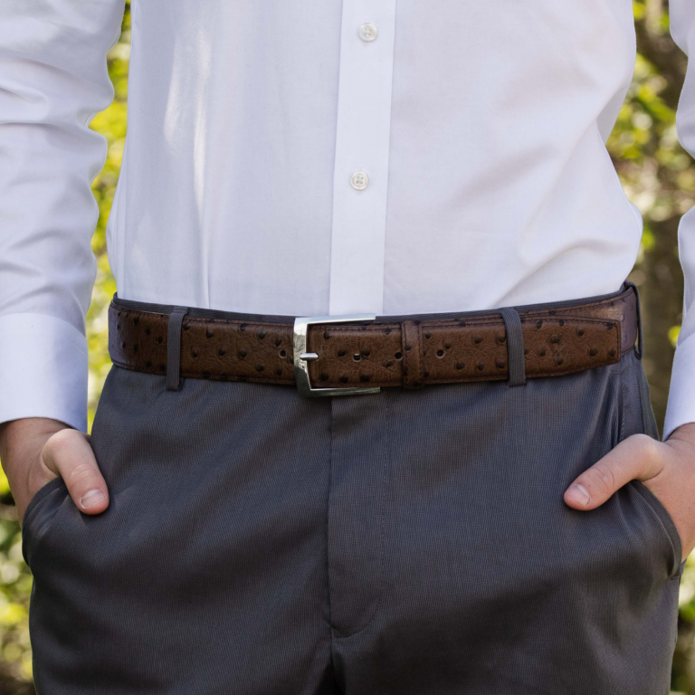Ostrich-Style Patterned Dark Brown Leather Belt