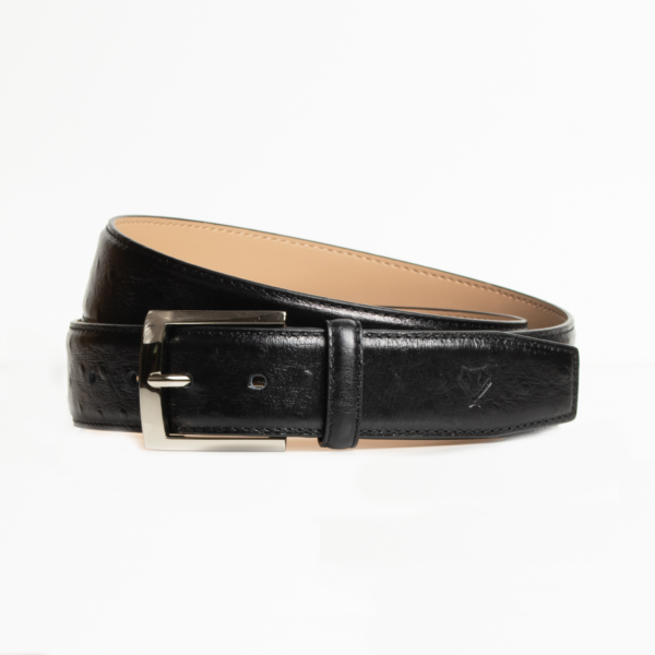 Ostrich-Style Patterned Black Leather Belt