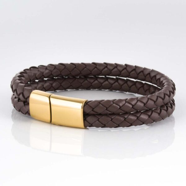 Mocha Gold Clasp Double Braided Leather Bracelet