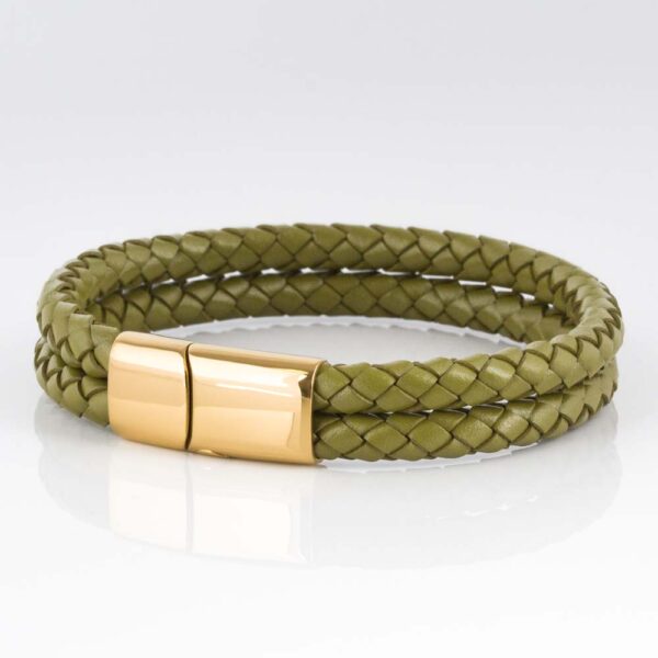 Olive Gold Clasp Double Braided Leather Bracelet