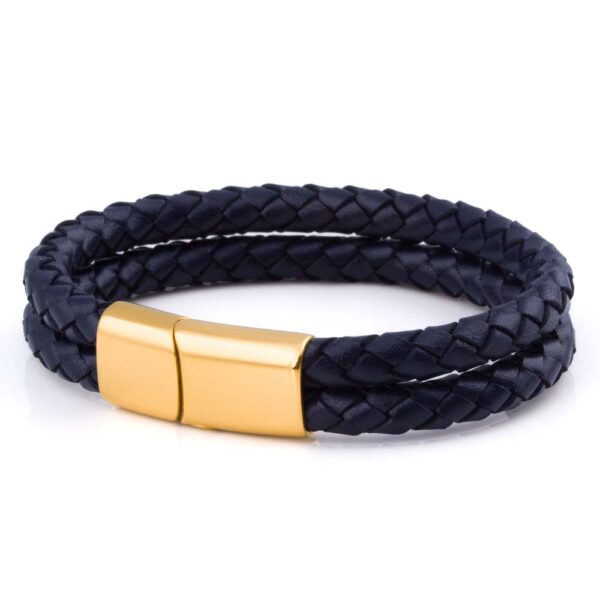 Navy Gold Clasp Double Braided Leather Bracelet