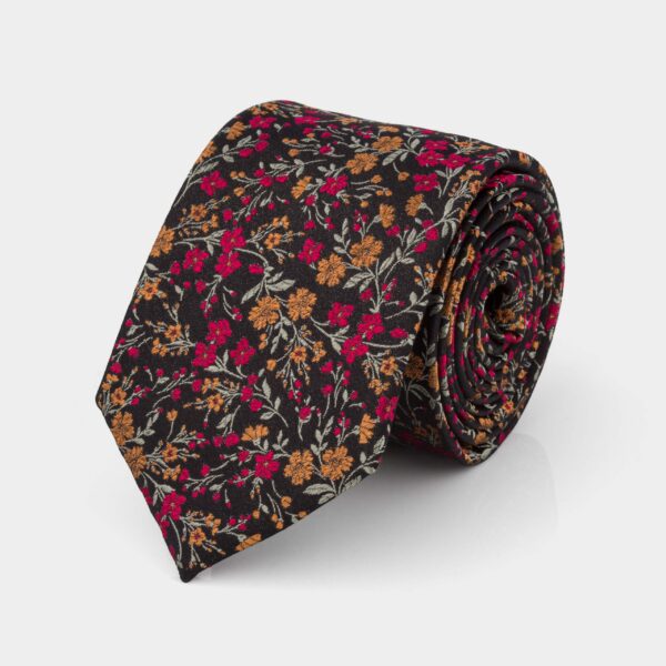 Black, Red and Yellow Floral Silk Tie